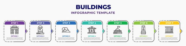 buildings infographic design template with brandenburg gate, islamic cemetery, fuji mountain, reserve bank, goverment building, rapa nui, prison icons. can be used for web, banner, info graph. - Vector, imagen