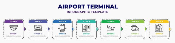 airport terminal infographic design template with airport security camera, taxi, airport x ray hine, toilets, plane landing, time zones, lifesaver best icons. can be used for web, banner, info - Vector, Imagen