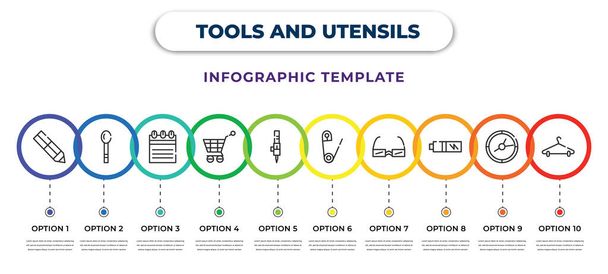 tools and utensils infographic design template with edit picture, large spoon, telephone agenda, empty shopping basket, tattoo, perdible pin, rectangular eyeglasses, battery charging status, clothes - Vector, afbeelding