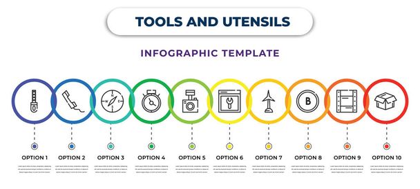 tools and utensils infographic design template with metal, phone auricular with cable, cardinal points, timer round clock, camera with flash, calendar page, windmills, bold, open black box icons. - Διάνυσμα, εικόνα