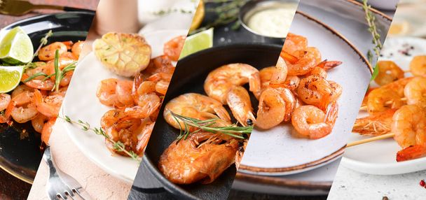 Set of tasty cooked shrimps on table, closeup - Photo, Image
