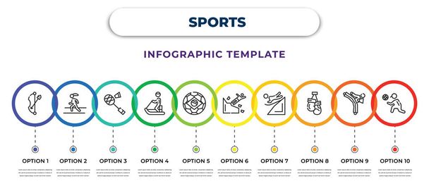 sports infographic design template with ball arrow, pedestrian walking, badminton racket and feather, person riding on sleigh, brazilian, man falling off a precipice, snow slide zone, two boxing - Wektor, obraz