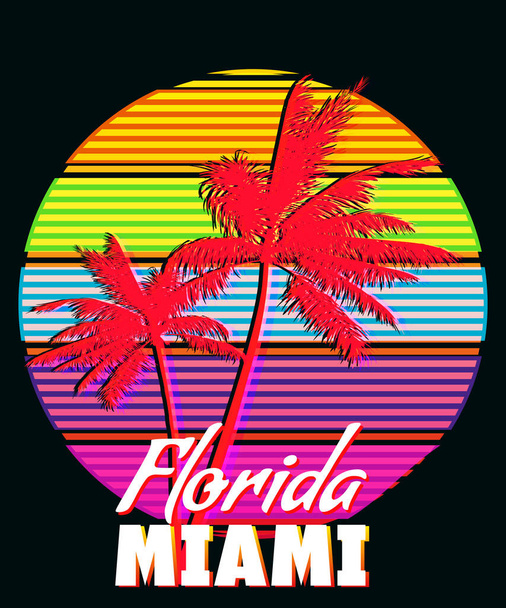 フロリダマイアミビーチサンセットプリントTシャツデザイン。ポスターグリッチヤシの木のシルエット、グラデーション、タイポグラフィ。ベクターイラスト - ベクター画像