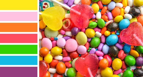 Assortment of tasty candies, closeup. Different color patterns - Fotoğraf, Görsel