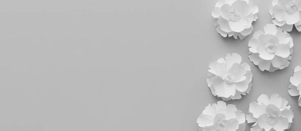 Kompozycja z pięknymi papierowymi kwiatami na szarym tle z miejscem na tekst - Zdjęcie, obraz