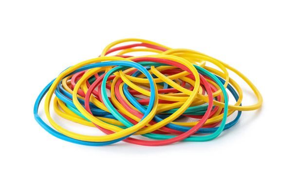Heap of colorful rubber bands on white background - Foto, imagen