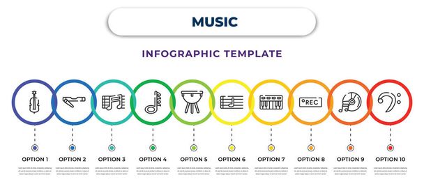 music infographic design template with cello, clave, beam, hemidemisemiquaver, timpani, quarter note, music keyboard, rec, clef icons. can be used for web, banner, info graph. - Wektor, obraz