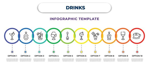 drinks infographic design template with martinez, alcohol, mojito, brandy, forks, flirtini, caipiroska, cognac, latte icons. can be used for web, banner, info graph. - Vetor, Imagem