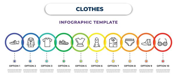 clothes infographic design template with leather shoes, trench coat, t-shirt, sneaker, peplum top, cocktail dress, formal shirt, underpants, shutter sunglasses icons. can be used for web, banner, - Вектор,изображение