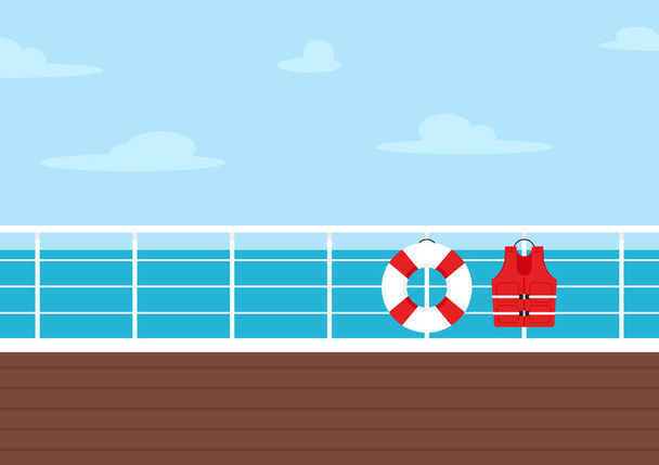 Gemi güvertesi manzarası. Clipart illüstrasyon. Lifebuoy ve Life Jacket çizgi film vektörü. Mavi arkaplanda Lifebuoy ve Life ceketinin vektör düz stili çizimi. - Vektör, Görsel