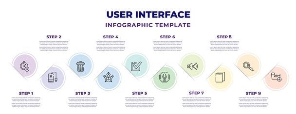 user interface infographic design template with hours, power bank, delete bin, pointed star, tick box, voice message microphone button, volume button, new tab button, add folder icons. can be used - Διάνυσμα, εικόνα