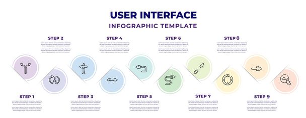 user interface infographic design template with crossroad, 5 pp, blank left arrow, double arrows, arrow address back, curve arrow, scale arrows, selectioned circle, round left button icons. can be - Vetor, Imagem