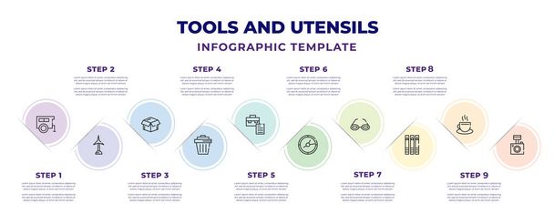 tools and utensils infographic design template with house on wheels, windmills, open black box, trash can open, briefcase and document, circular clock, rectangular eyeglass frame, eyes makeup - ベクター画像