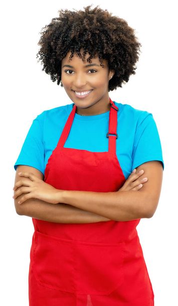 Laughing african american clerk or waitress isolated on white background for cut out - Foto, Imagem