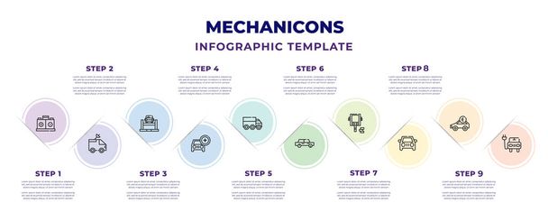 mechanicons infographic design template with car battery, van an antenna, repairing car, red cross car, transportation truck, small bus in reparation, rectangular front, electric and plug icons. can - Vector, Image