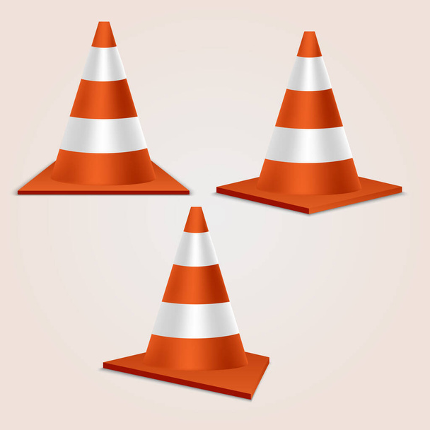 Set of traffic cones. Orange realistic road plastic cones with white striped. Vector illustration - Vector, Image