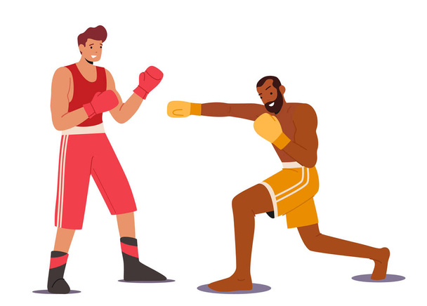 Двоє спортсменів носять рукавички на спортивному кільці. Пара чоловічих персонажів спортсменів боксерів пробивати і обмінюватися ударами по боротьбі з конкуренцією атакуючи і захищаючи. Мультфільм Векторні ілюстрації
 - Вектор, зображення