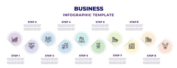 business infographic design template with data analytics upgoing bars chart, data analytics presentation screen, stock dealing, person in data analytics presentation with a graphic on a screen, - Vektor, obrázek
