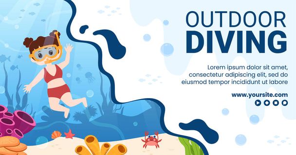 Diving Social Media Post Template Flat Cartoon Background Vector Illustration - Vektör, Görsel