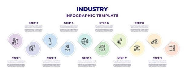 industry infographic design template with buy home, earthquake hine, scoop, female call center agent, globe grid, casino, plumbing, house key, control panel icons. can be used for web, banner, info - Vector, Image