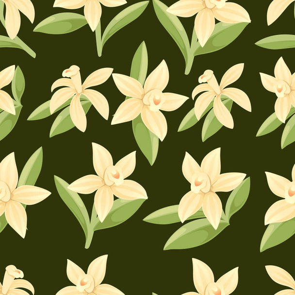 Seamless pattern of vanilla flowers vector illustration on green background. - Vector, Image