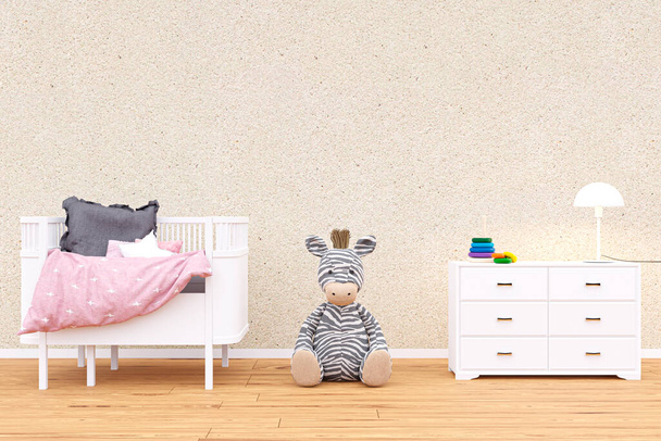 3d kiolvasztott illusztráció egy gyermek ágy szoba nagy kitömött játék állat. - Fotó, kép