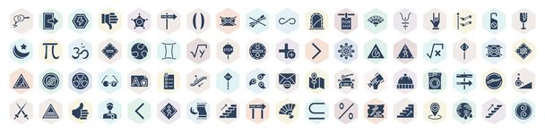 filled signs icons set. glyph icons such as gender, shock, do not wash, asian fan, circular, square root of x, or going down, hunting zone, one way street vector. - Вектор,изображение