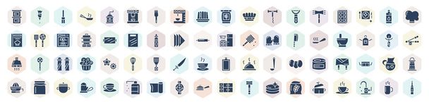 filled kitchen icons set. glyph icons such as custard cup, knife sharpener, coffee maker, peeler, tray, mortar, spatula, pitcher, pan vector. - Vetor, Imagem