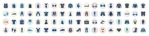 filled clothes icons set. glyph icons such as padded vest, oxford wave blazer, henley shirt, bow tie, chi pants, sweatpants, harem pants, lingerie, blazer vector. - Vektor, obrázek