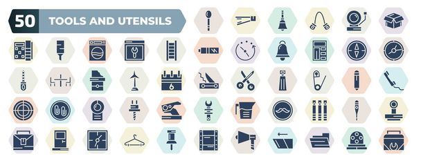 set of 50 filled tools and utensils icons. glyph icons such as large spoon, open black box, hanging ladder, orientation compass, windmills, perdible pin, air conditioning, moustaches, doors, - Διάνυσμα, εικόνα