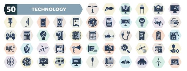 set of 50 filled technology icons. glyph icons such as lamp post, screen blank, 3d printers, spotlights, asking, mode, space satellite, search bug, no audio, fax phone vector. - Vector, Imagen