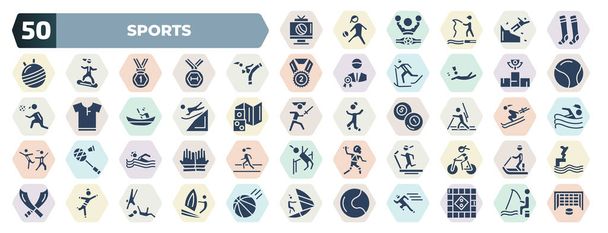 set of 50 filled sports icons. glyph icons such as football channel, long socks, girl kicking a boy in the face, podium with cup, snow slide zone, biathlon, swimming man, exercise gym, dancer - ベクター画像