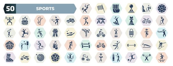 set of 50 filled sports icons. glyph icons such as breakdance, football ball circular, drift car, race bike, third, climbing with rope, skiing, marathon champion, motocross, sesei vector. - Wektor, obraz