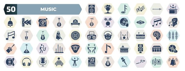 set of 50 filled music icons. glyph icons such as subwoofer speaker, party dj, cd writer, music note black, cowbell, piano class, musician with saxophone, hotel receptionist, school headphones, - Vector, afbeelding