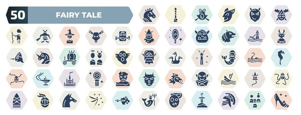set of 50 filled fairy tale icons. glyph icons such as pegasus, thor, frankenstein, drawbridge, antagonist, mermaid, castle, vampire, knight, zombie vector. - Διάνυσμα, εικόνα