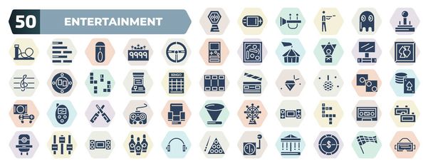 set of 50 filled entertainment icons. glyph icons such as lottery game, gamepad, steering wheel, home theater, game hine, disco, lightsaber, game console, controls, casino vector. - ベクター画像