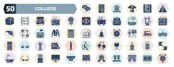 set of 50 filled college icons. glyph icons such as educational dialogue, electric current, good idea, science microscope, varsity jacket, teacher pointing at blackboard, rostrum with microphones, - Vektor, kép
