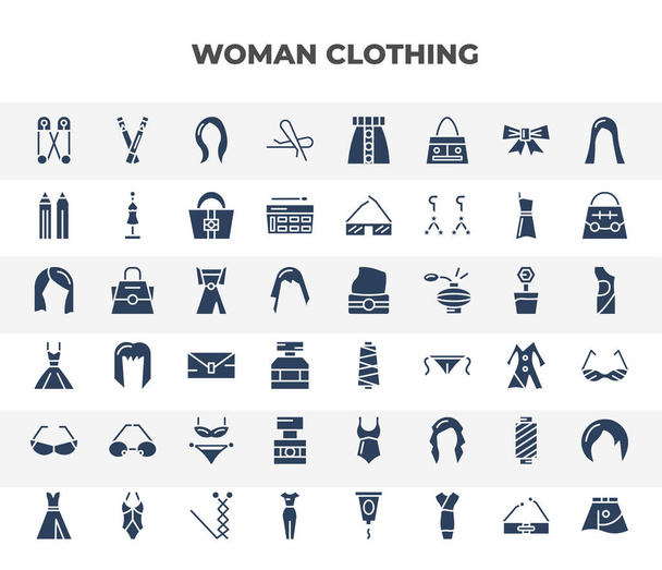 filled woman clothing icons set. glyph icons such as perdible pin, hair clip tool, eyeliner pencils, lace dress with belt, yarn spool, eyeglasses, parfume, cylindrical lamp, female dress - ベクター画像