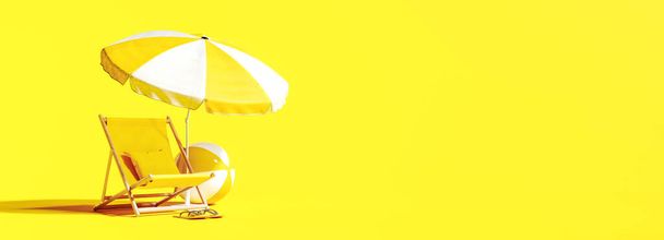 Plážové křeslo s deštníkem na zářivém žlutém letním pozadí 3D vykreslování, 3D ilustrace - Fotografie, Obrázek
