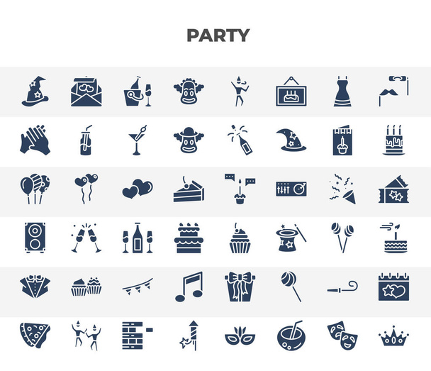 filled party icons set. glyph icons such as wizard hat, clown head, claping hands, big heart, cupcake with big cherry, two muffins, big quaver, wistle, firework rocket vector. - Vector, Image