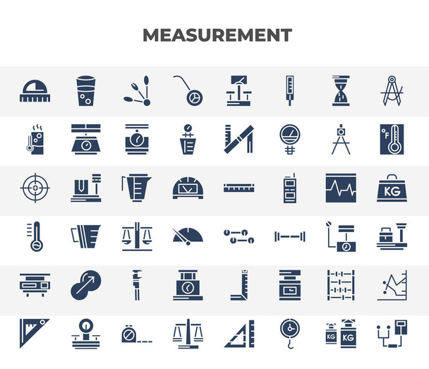 filled measurement icons set. glyph icons such as small angle ruler, wheel meter, cup temperature, cup scale, two dumbbells, round scale, chronometer running, old calculator, vintage balance - Vector, imagen