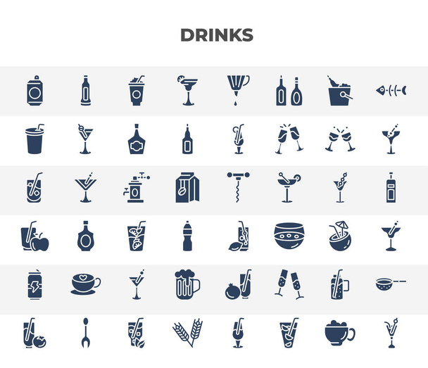 filled drinks icons set. glyph icons such as soda can, margarita, paper cup, brewery, lemon juice, latte, beer mug, smoothie, grain vector. - Vecteur, image