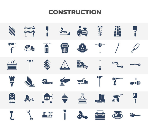 filled construction icons set. glyph icons such as parquet, road construction, paint roller, tiles, dump truck, loader, plumb bob, wheel barrow, wedge tool vector. - Wektor, obraz