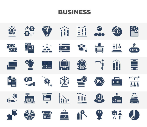 filled business icons set. glyph icons such as big wheel, bars chart, dollar bills, credit card and ticket, dollar coins stack, cashbox, graphic chart, journalist id card, shopping bags - Vektor, obrázek