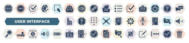 set of 40 filled user interface icons. glyph icons such as remove round button, open letter read email, tick box, offices, tings cog, glass material, digital currency, personal credentials, crop - Vektor, Bild