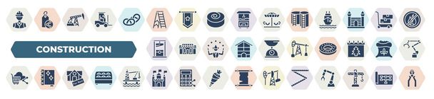 set of 40 filled construction icons. glyph icons such as constructor, stair, storage tank, guillotine, oil pump, online store, for rent, kingdom, folding rule vector. - Διάνυσμα, εικόνα