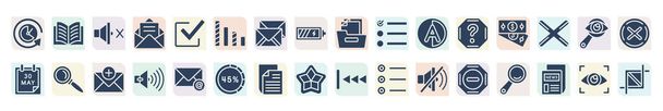 filled user interface icons set. glyph icons such as past, loud audio, vertical bar, list layout with check boxes, dollar bills stack, magnifying glass search button, volume button, folded - Vector, Image