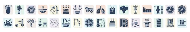 filled sauna icons set. glyph icons such as kneipp hose, fresh air supply, light stimulation, aroma stimulation, tepidarium, core temperature, banja, dousing shower, earth sauna vector. - Вектор,изображение
