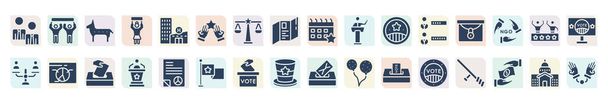 filled political icons set. glyph icons such as politicians, donkey americal political, unity, political candidate speech, ballot, poll, speech, election, vote badge for elections vector. - Vektor, kép