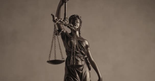 concept of law represented by blindfolded silhouette, bronze law statue spinning and holding a balance balance signifying impartiality and two broad sources of law - Video